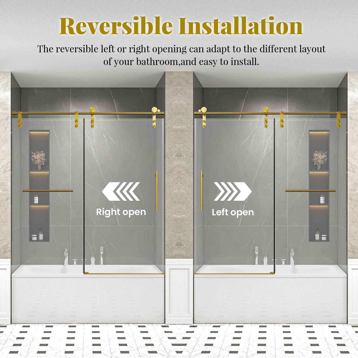 56-60" W * 66" H Frameless Single Sliding Shower Doors, Bathroom Sliding Shower Door With Towel Rail And Auxiliary Handle, 5/16" (8mm) Thick SGCC Tempered Glass Door, Brushed Gold (No Soft-Close) image 3