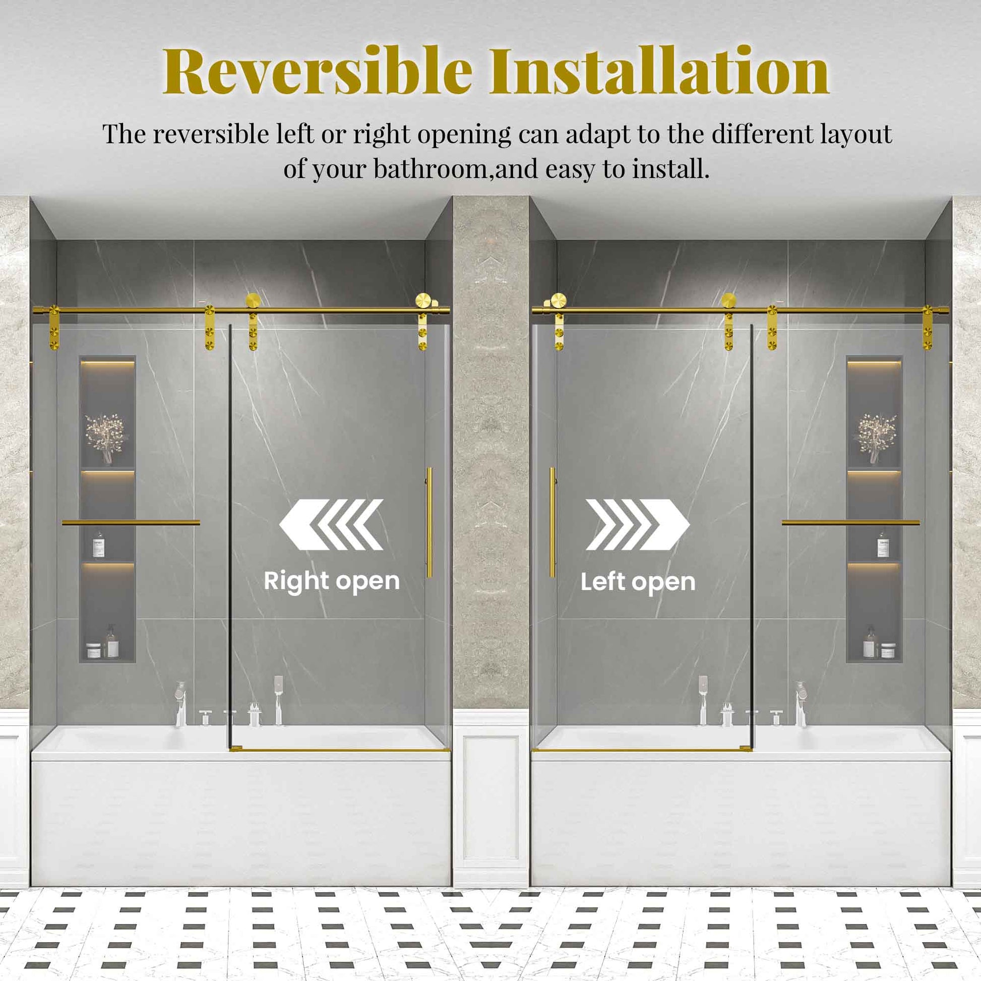 56-60" W * 66" H Frameless Single Sliding Shower Doors, Bathroom Sliding Shower Door With Towel Rail And Auxiliary Handle, 5/16" (8mm) Thick SGCC Tempered Glass Door, Brushed Gold (No Soft-Close) image 3