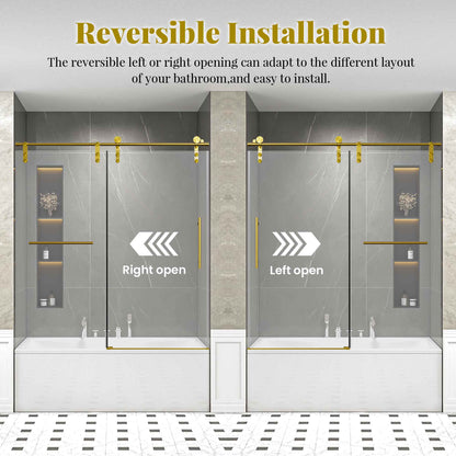 56-60" W * 66" H Frameless Single Sliding Shower Doors, Bathroom Sliding Shower Door With Towel Rail And Auxiliary Handle, 5/16" (8mm) Thick SGCC Tempered Glass Door, Brushed Gold (No Soft-Close) image 3