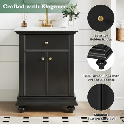24" Modern Bathroom Vanity with A Tip-Out Drawer & Soft-Close Hinges, Bathroom Cabinet with Back Open Structure, Ball-Turned Legs with French Elegance image 6