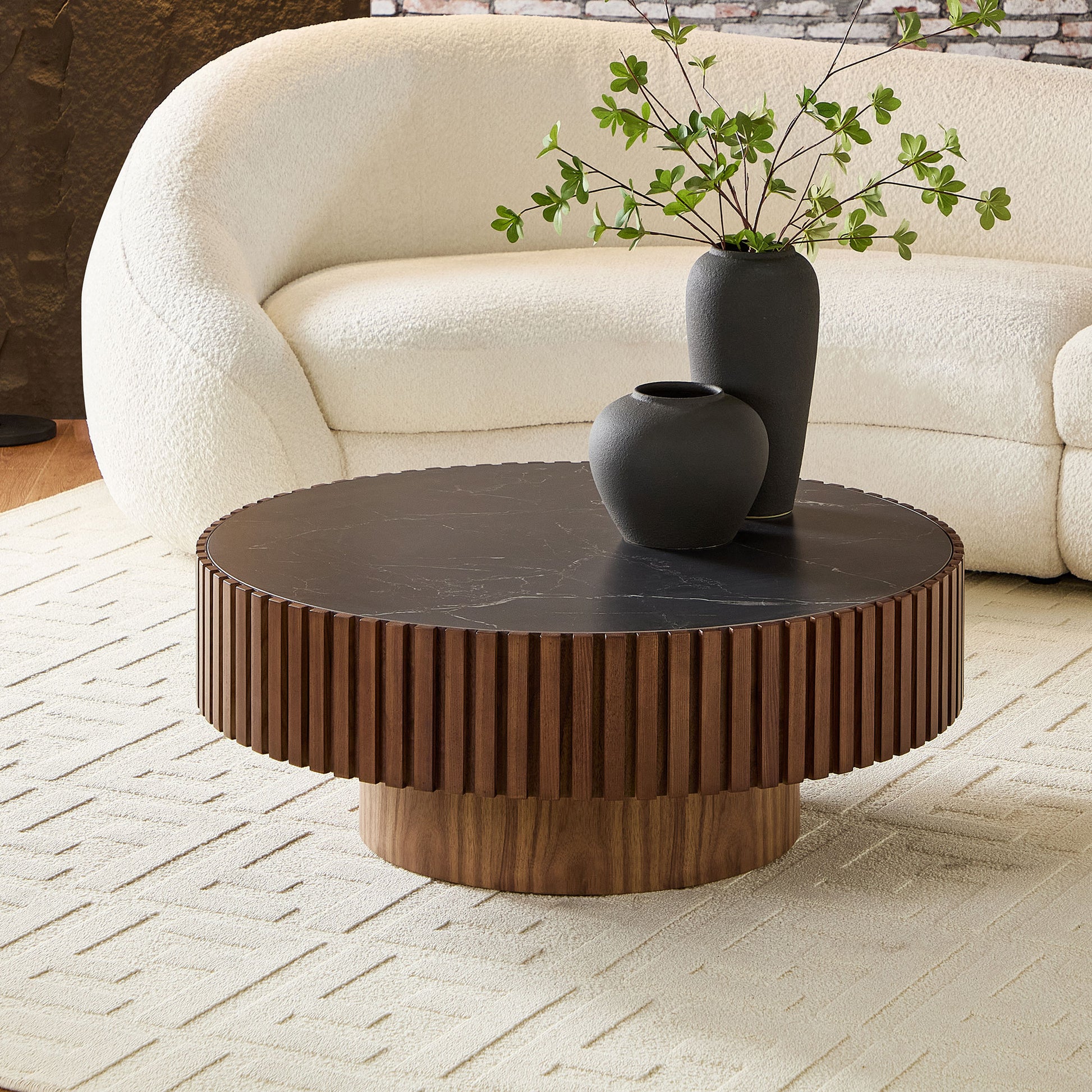 35.43'' Nesting Round Sintered Stone Tabletop Modern Drum Coffee Table Luxury Circle Coffee Table for Apartment Walnut image 10