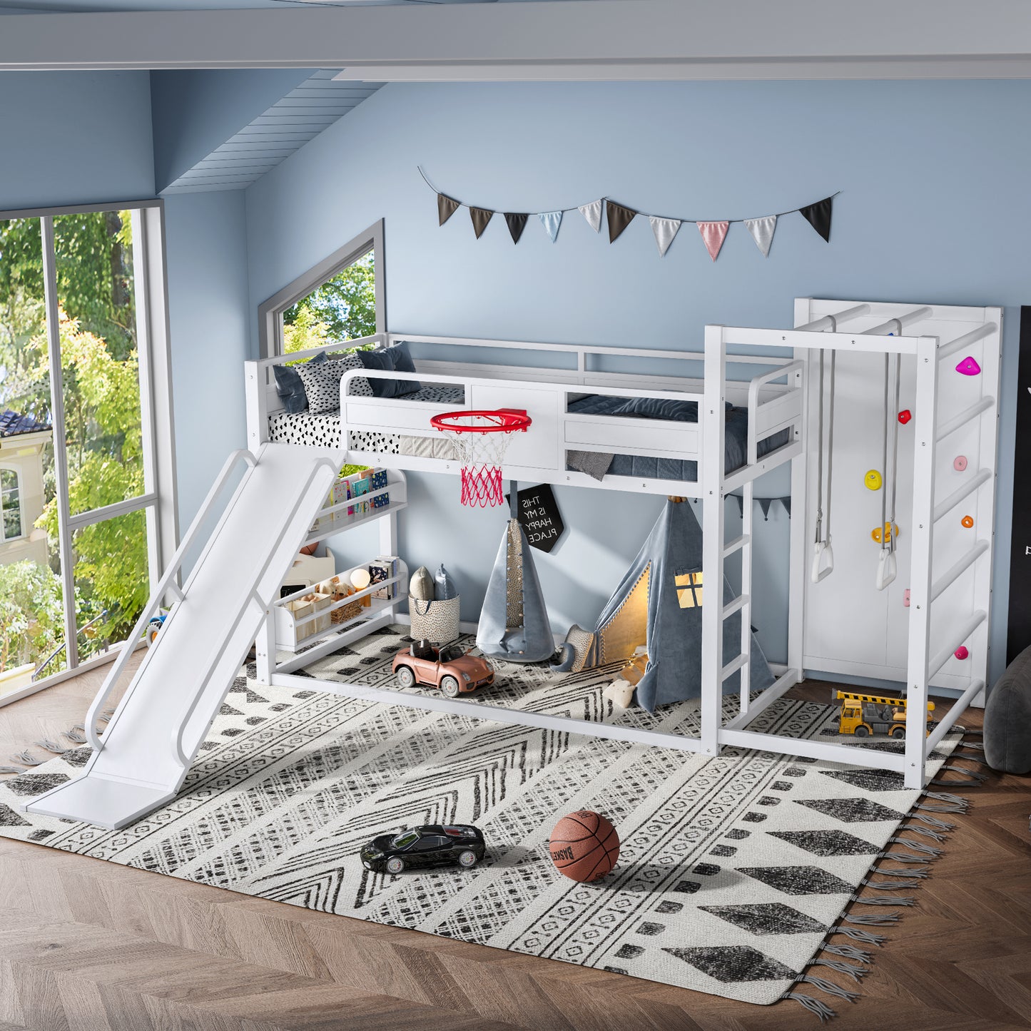 Twin size metal loft/bunk bed with basketball hoop, pull-up rings, climbing wall, and built-in bookshelves. Playful children's design featuring a slide,White image 3