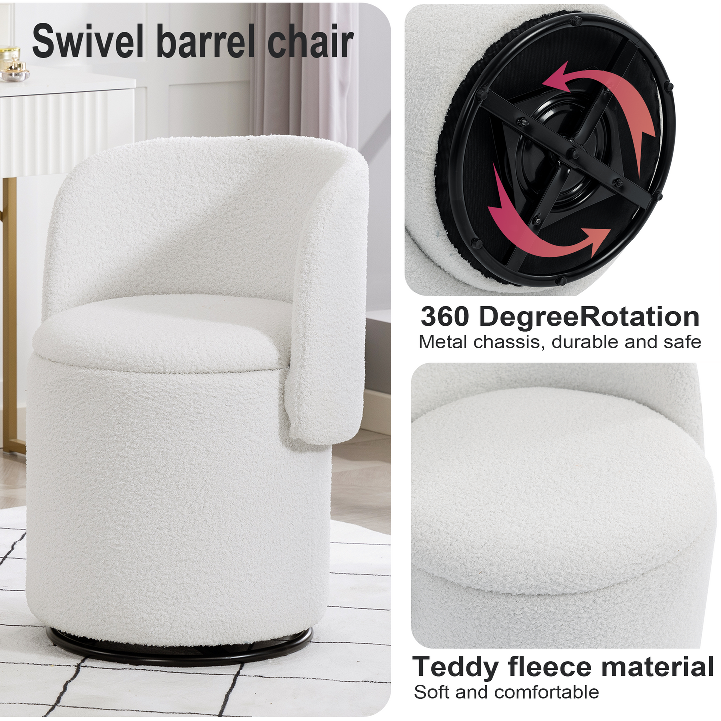 Stylish Upholstered Barrel Chair: 360° Swivel Vanity Stool for Bedroom & Dining Chair, Built-in Storage, Soft Padded Accent Seat, Multi-Functional for Dressing/Dining, Free Cat Bed Stool Included, image 3