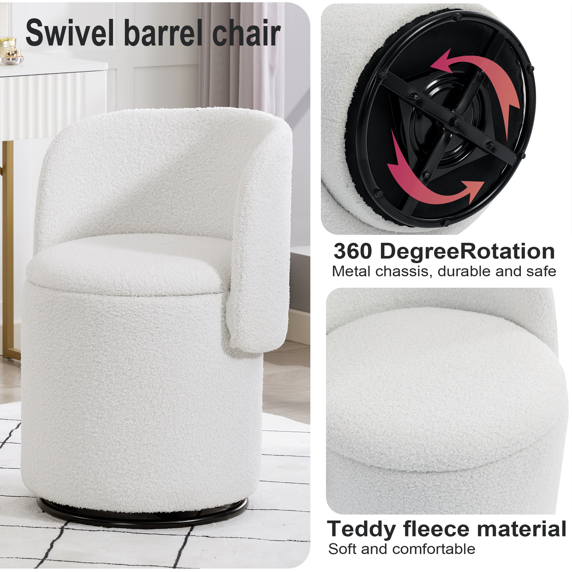Stylish Upholstered Barrel Chair: 360° Swivel Vanity Stool for Bedroom & Dining Chair, Built-in Storage, Soft Padded Accent Seat, Multi-Functional for Dressing/Dining, Free Cat Bed Stool Included, image 3