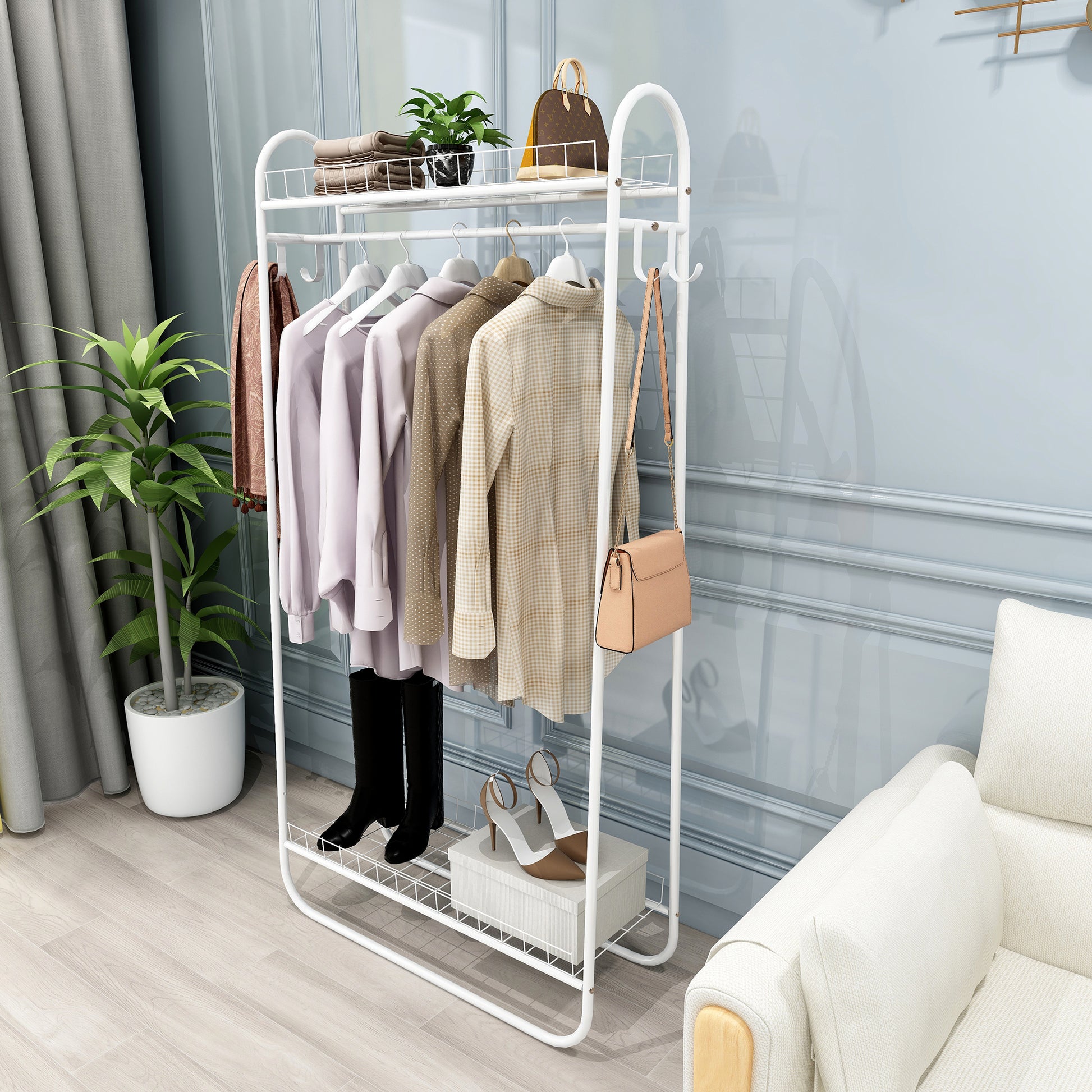 Garment Rack Freestanding Heavy Duty Clothing Rack, Metal Rolling Clothes Rack with Double Shelves, Portable Wardrobe Rack for Hanging Clothes image 5