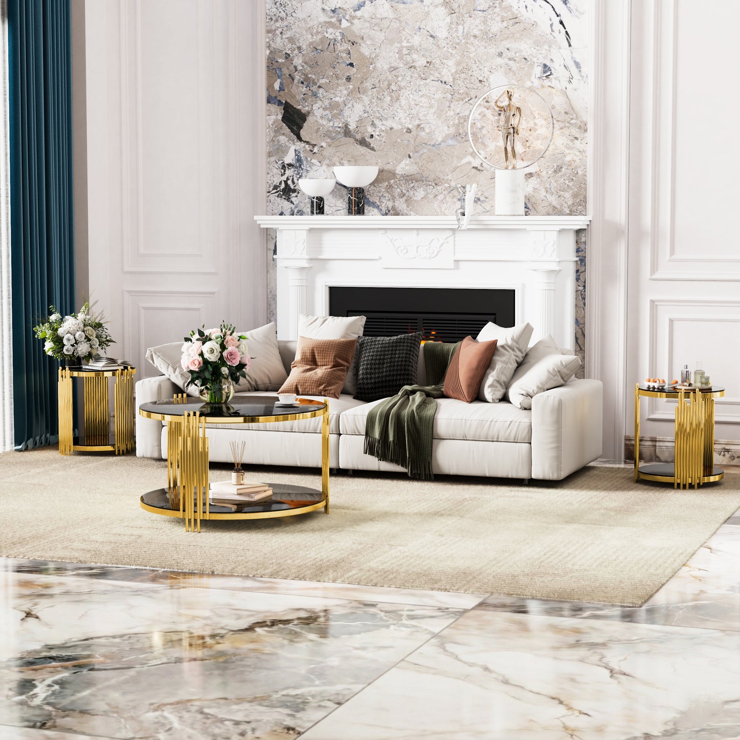 Living Room Table Set of 3 with 1 Coffee Table and 2 End Tables, Round, Tempered Glass, Asymmetrical Metal, Gold Finish & Lower Shelf, 31.5" image 2