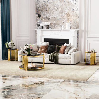 Living Room Table Set of 3 with 1 Coffee Table and 2 End Tables, Round, Tempered Glass, Asymmetrical Metal, Gold Finish & Lower Shelf, 31.5" image 2