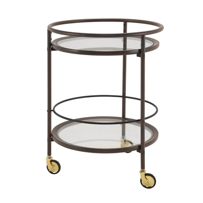 Modern Coffee Brown Round Bar Cart with Tempered Glass Shelves and Gold Locking Casters image 3