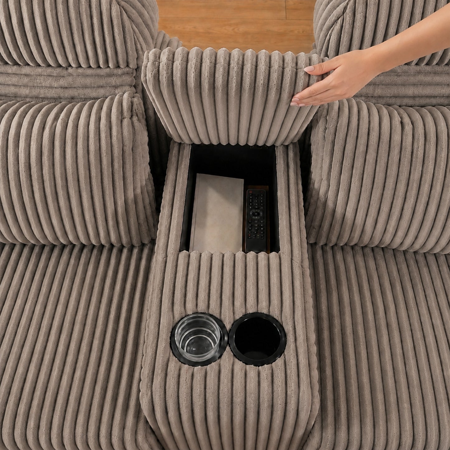 Modern coffee corduroy 6-seater U-shaped sofa with lounge chair and cup holder -145.7 inch oversized modular compression sofa, suitable for home theaters, luxury living spaces, tool free assembly image 7