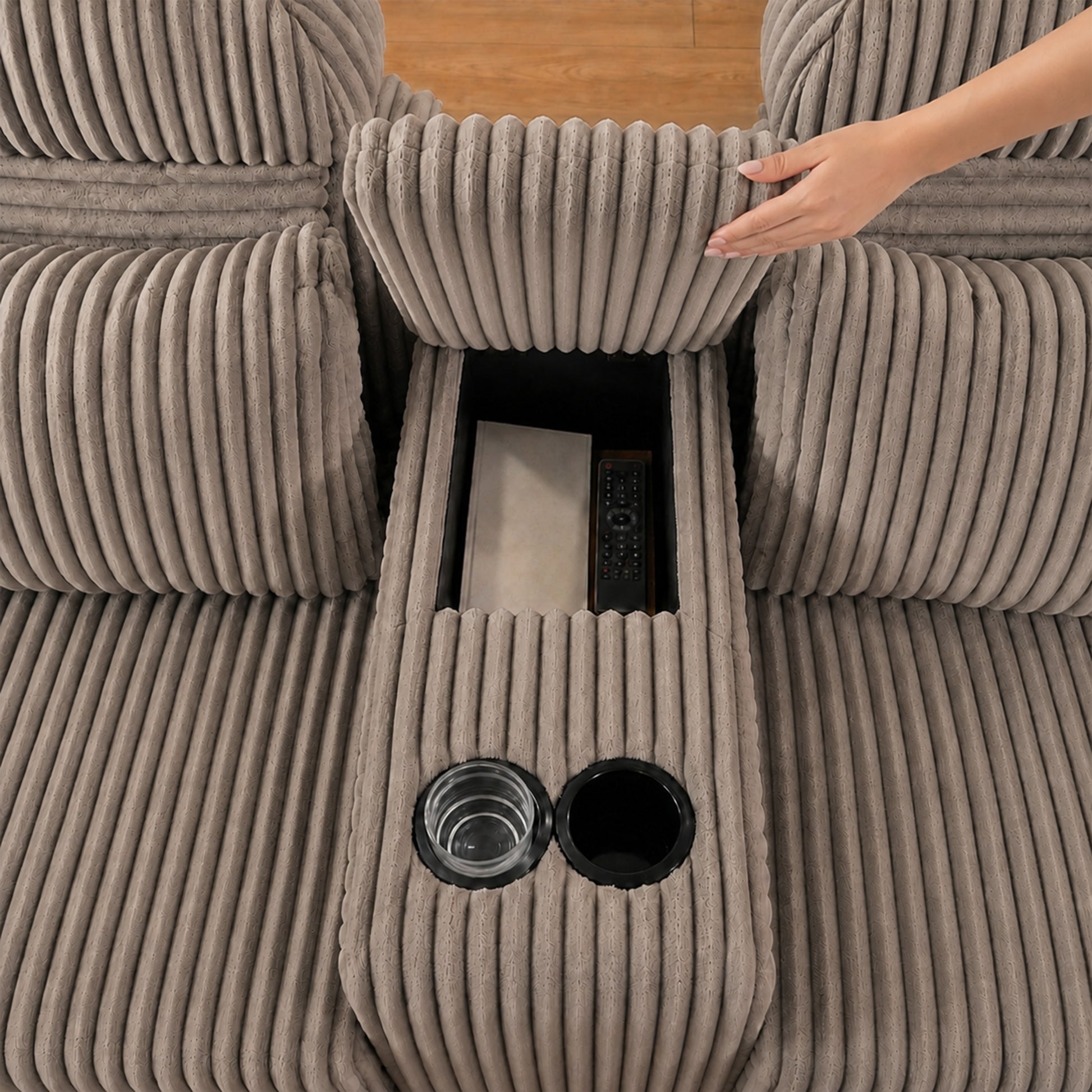 Modern coffee corduroy 6-seater U-shaped sofa with lounge chair and cup holder -145.7 inch oversized modular compression sofa, suitable for home theaters, luxury living spaces, tool free assembly image 7