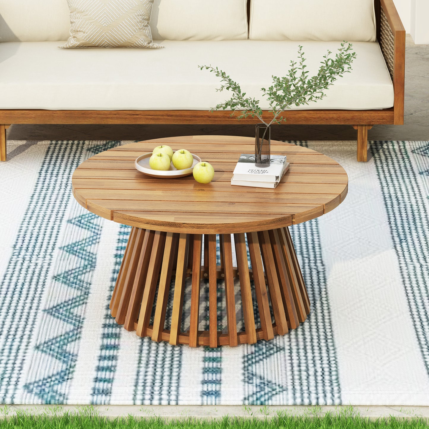 Acacia Wood Patio Furniture Set,Outdoor 3 Seater Daybed(with Water Resistant Thick Cushions)and Round Coffee Table, Dark Teal Cushion image 6