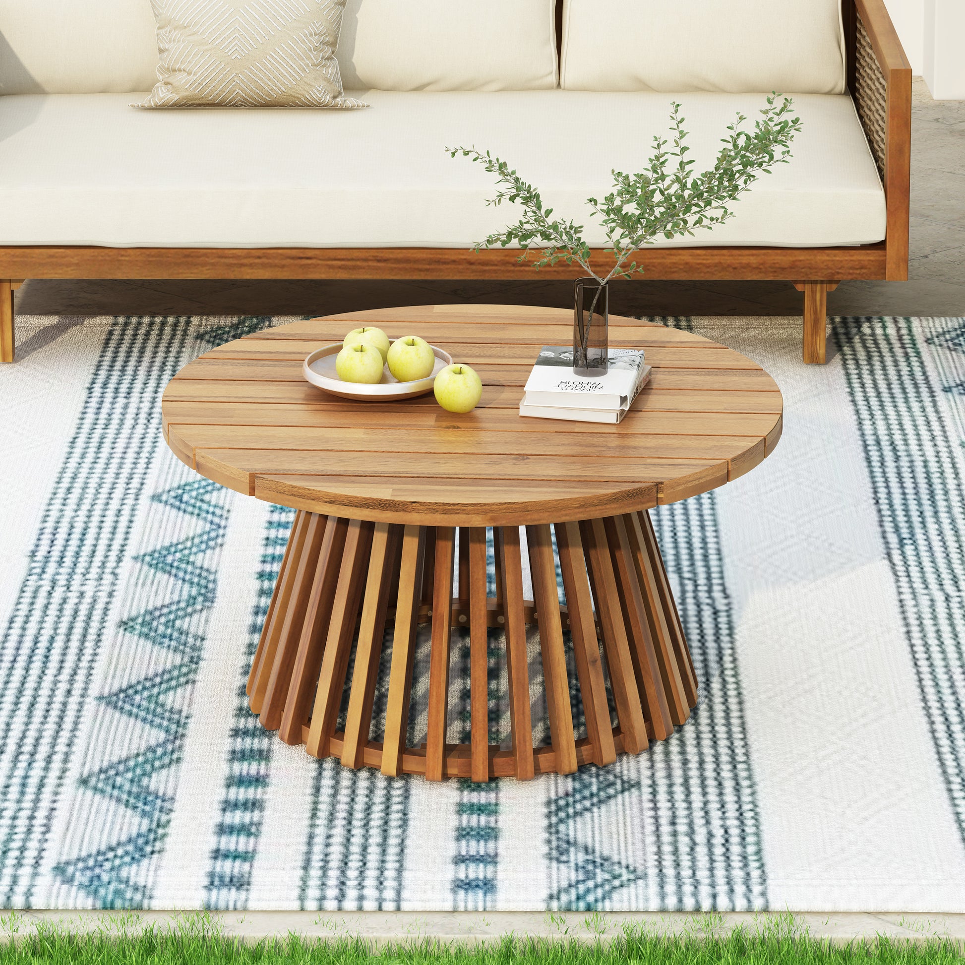 Acacia Wood Patio Furniture Set,Outdoor 3 Seater Daybed(with Water Resistant Thick Cushions)and Round Coffee Table, Dark Teal Cushion image 6