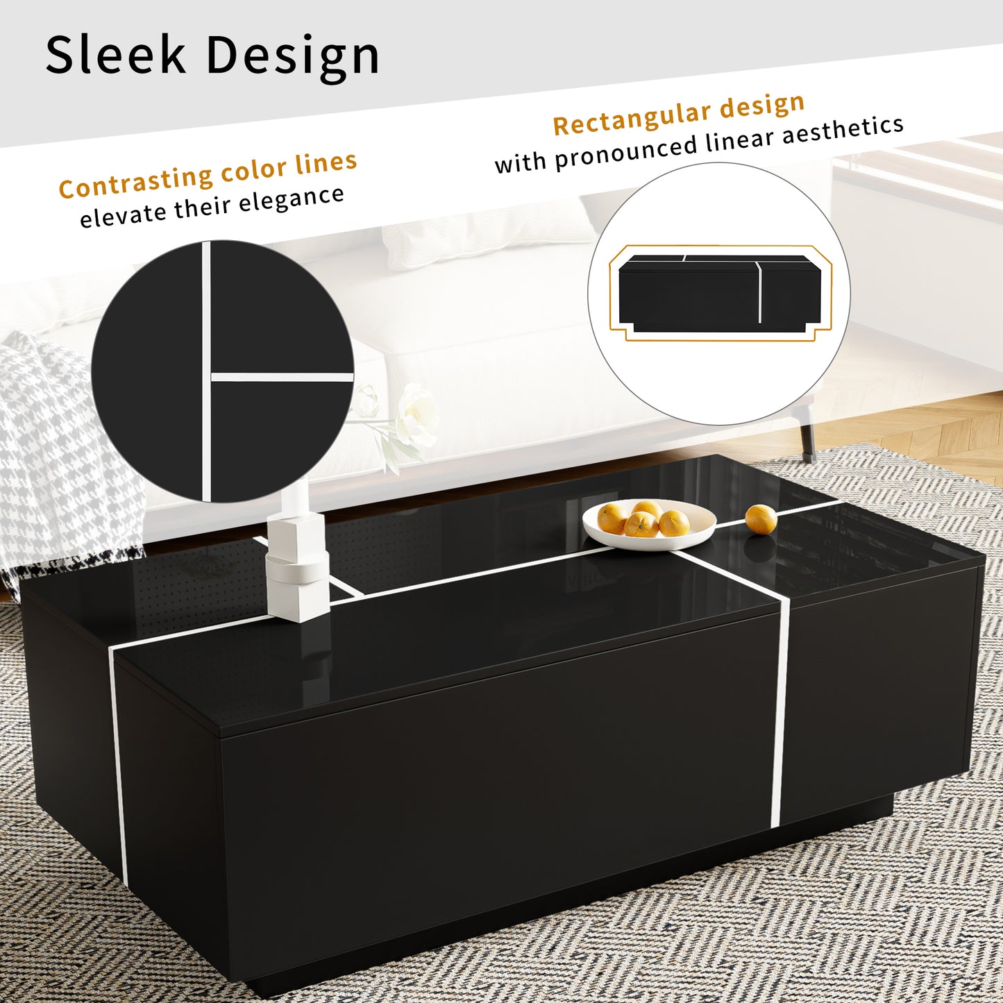 U-Can 47.2''-72.7'' Extendable Coffee Table, Multi-Functional Coffee Table with High-Gloss Finish, Coffee Table with 2 Hidden Storage Space and 2 Drawers for Living Room image 6