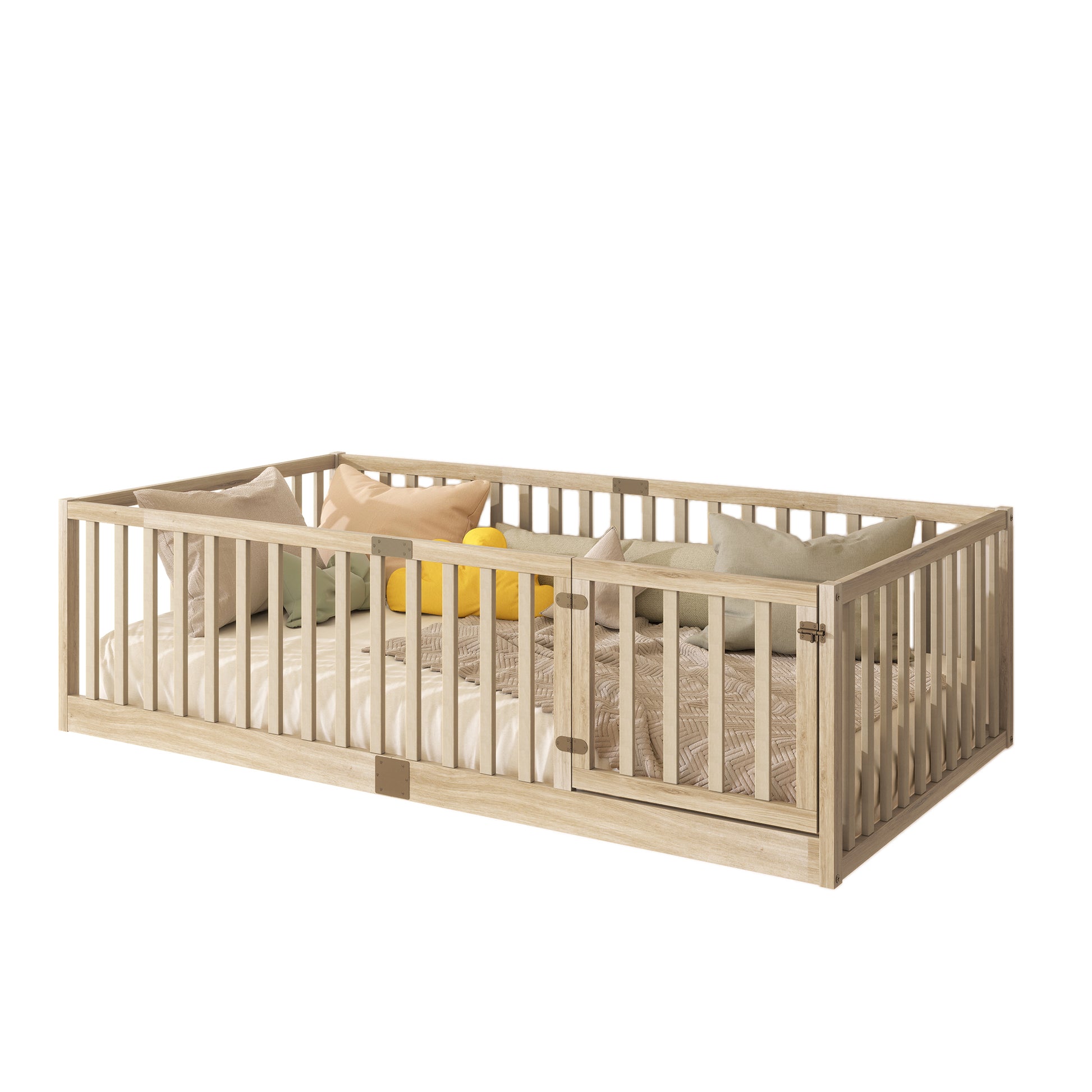 Twin Size Floor Bed with High Fence Railings, with Door, Rubber Wood Floor Bed with Safety Guardrails,Natural image 6