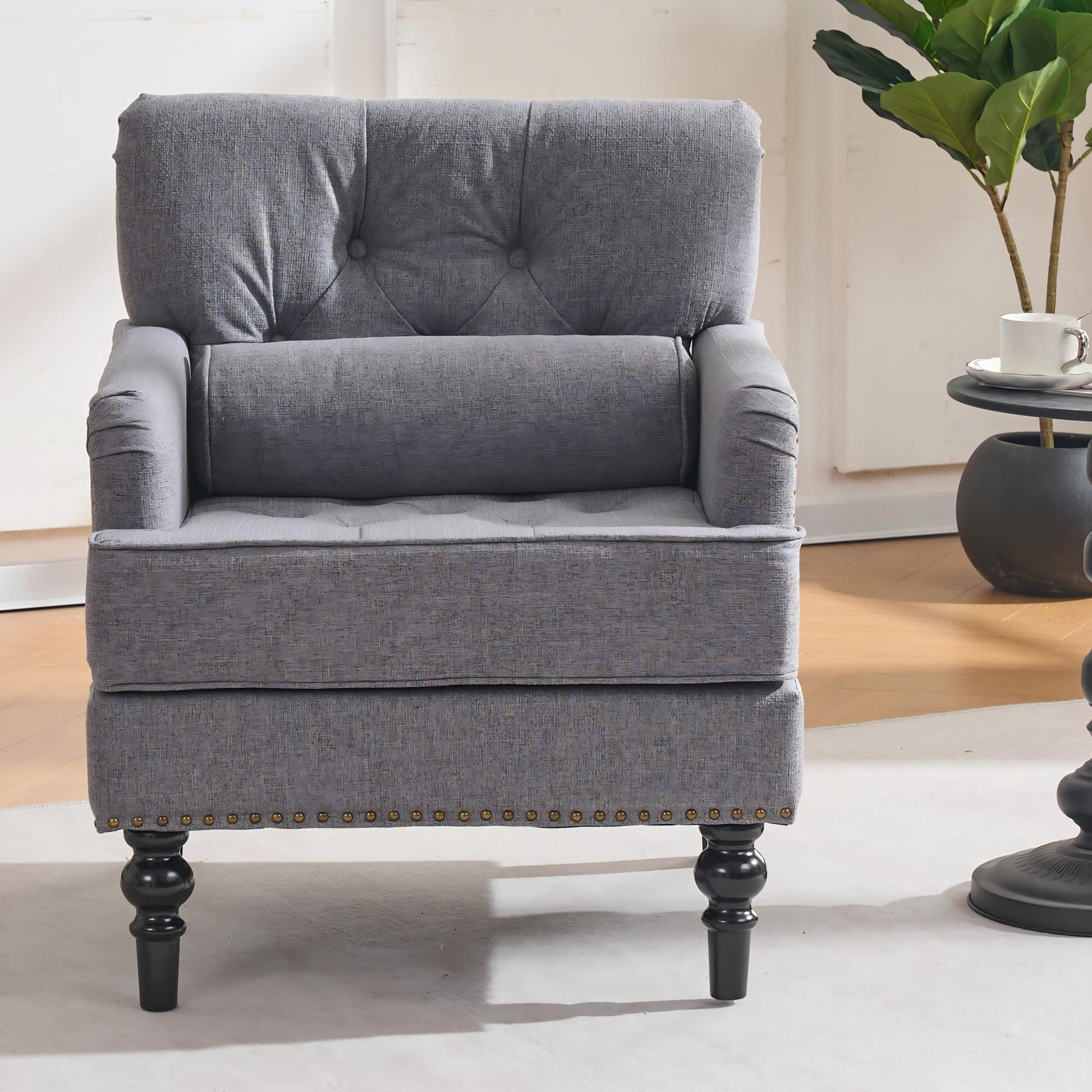 Tufted Club Chair with pillow, Accent Chair, Upholstered Button Armchair, Linen Fabric Corduroy Sofa Chairs for Bedroom, Living Room, Mid Century Modern with Studded Reading Chair, Gray image 9