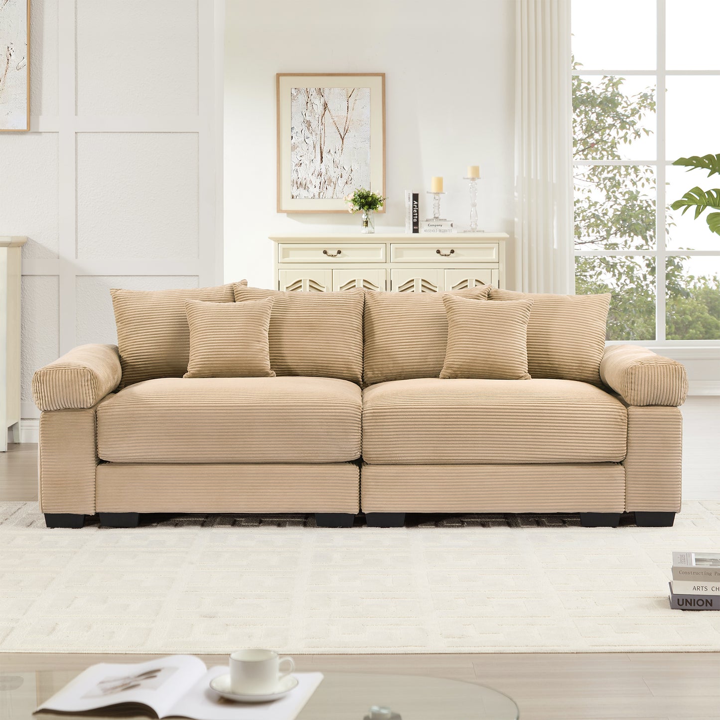 92" Oversized Cloud Modular Sectional Couch,Corduroy Fabric Extra-Wide Armrests Throw Pillows Ergonomic Design High Resilience Cushion Easy Assembly,For Living Rooms Bedrooms,Camel image 3
