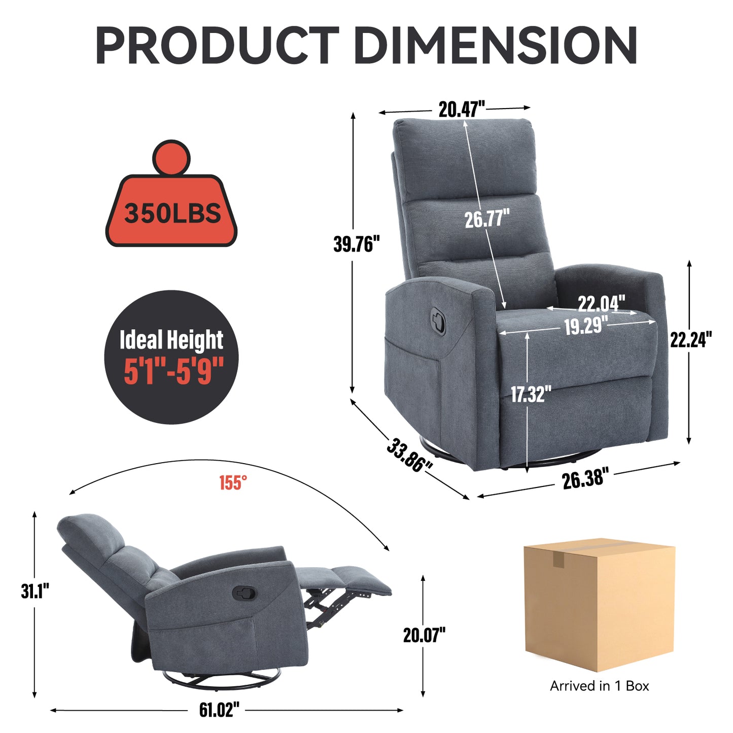 Manual Recliner Chair with Rocker and Swivel in Fabric for Living Room, Grey image 5