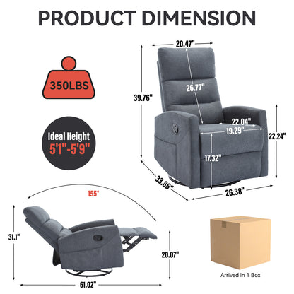 Manual Recliner Chair with Rocker and Swivel in Fabric for Living Room, Grey image 5