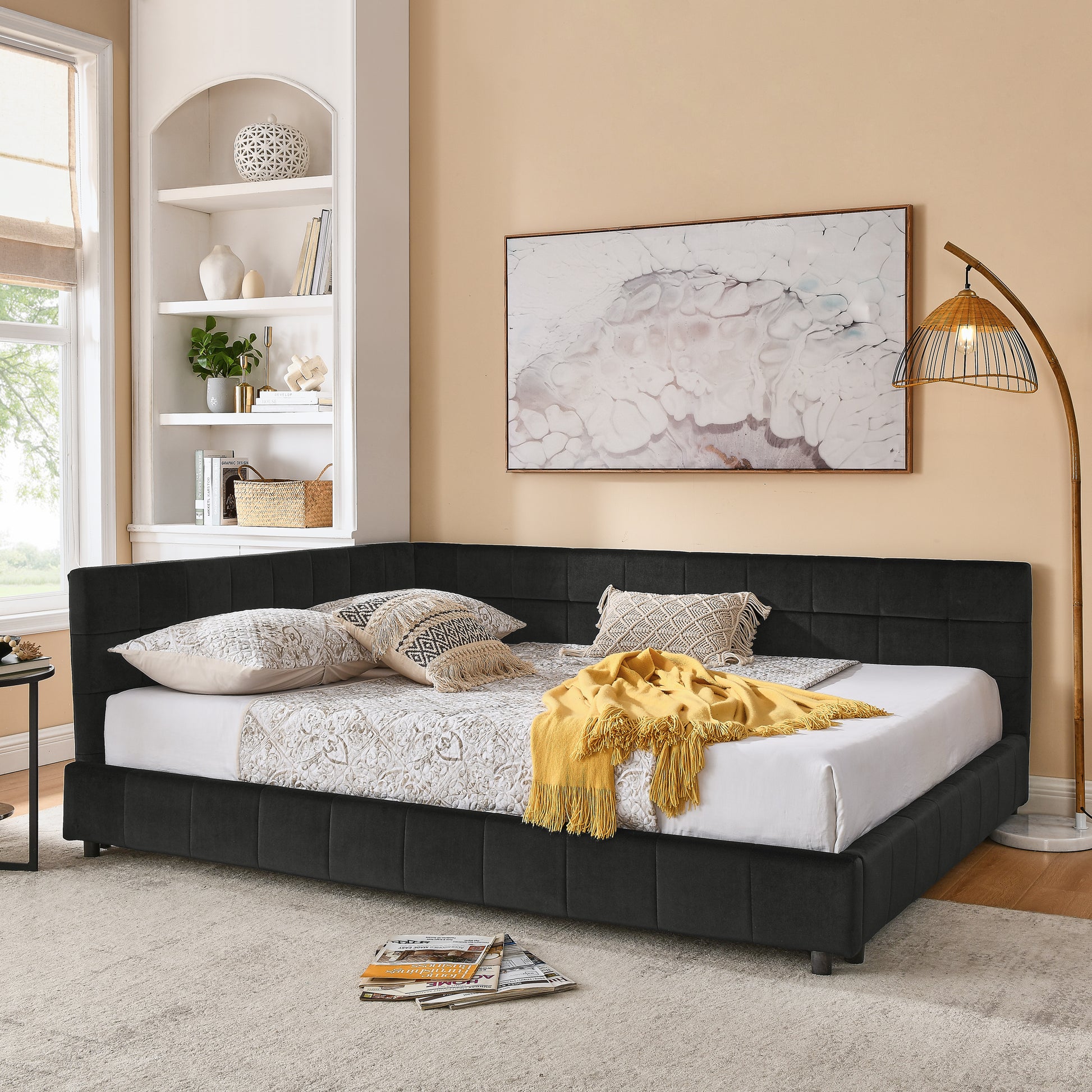 Queen Size Upholstered Tufted Bed Frame, Sofa Bed Frame with Comfortable Backrest and Armrests, Queen Size Bed for Bedroom, Living Room,Velvet, BLACK(85.5''*64.5''*30.5'') image 1