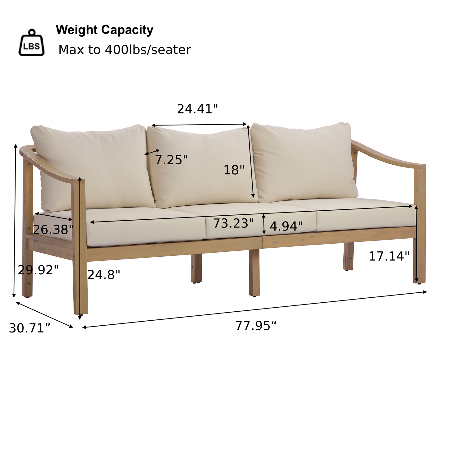 77.95" outdoor acacia wood frame, 26.38" deep seat design with soft cushion, three-seater sofa,slatted wood backrest,suitable for porches,gardens,backyards,and balconie (Light Teak+Beige Cushion) image 4