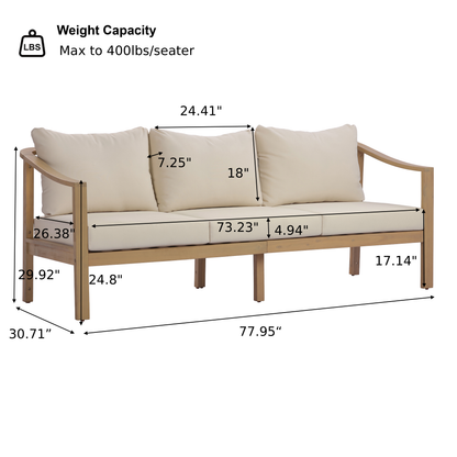 77.95" outdoor acacia wood frame, 26.38" deep seat design with soft cushion, three-seater sofa,slatted wood backrest,suitable for porches,gardens,backyards,and balconie (Light Teak+Beige Cushion) image 4