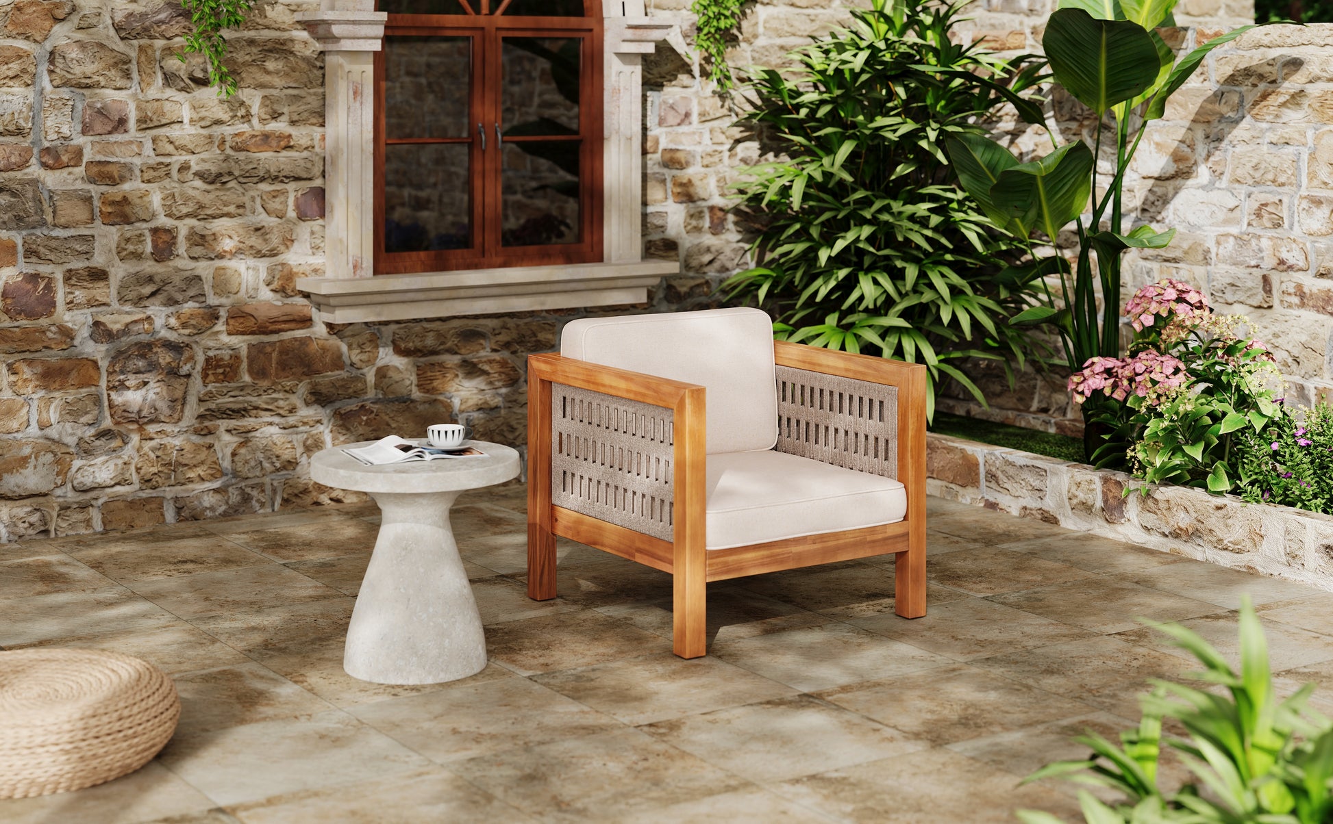 Acacia Wood Outdoor Club Chair with Beige Rope Arm and Beige Cushions,400 lbs Capacity image 3
