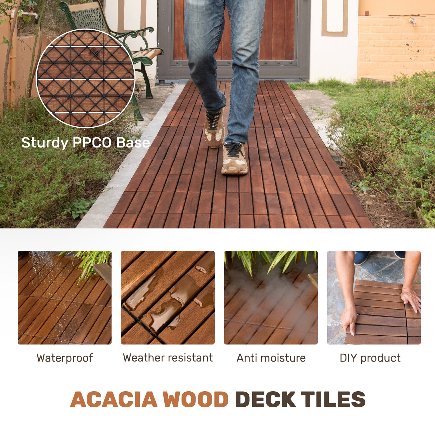 30 PCS Interlocking Deck Tiles Striped Pattern, 12" x 12" Square Acacia Hardwood Outdoor Flooring for Patio, Bancony, Pool Side,.. image 3