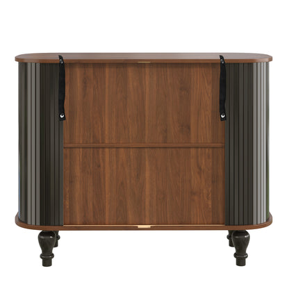 39" Fluted Liquor & Coffee Bar Cabinet with 6 Wine Racks and 3 Glass Holders, Mid-Century Modern Bar Cabinet with A Large Storage Drawer,4 Hidden Storage Space on the Side, Black image 4