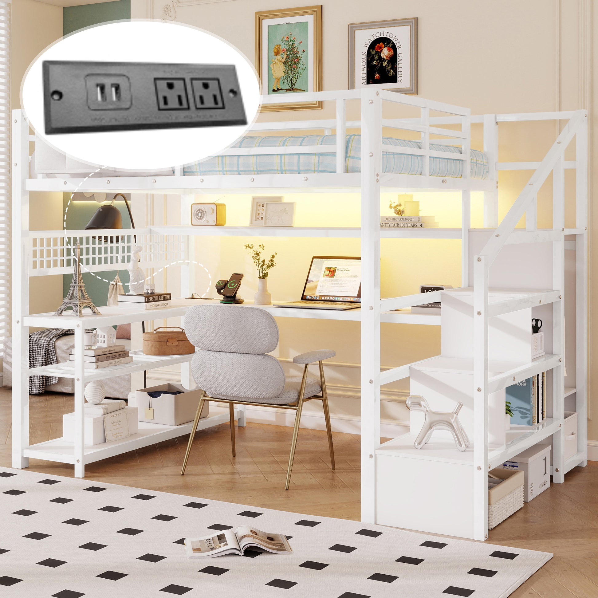 Full Size Loft Bed with Staircase and Wardrobe, Metal Loft Bed with Desk, Storage Shelves, LED Lights and Charge Station,White(Expect Arrival Date 2026/5/9 Old SKUW2593S00059) image 1