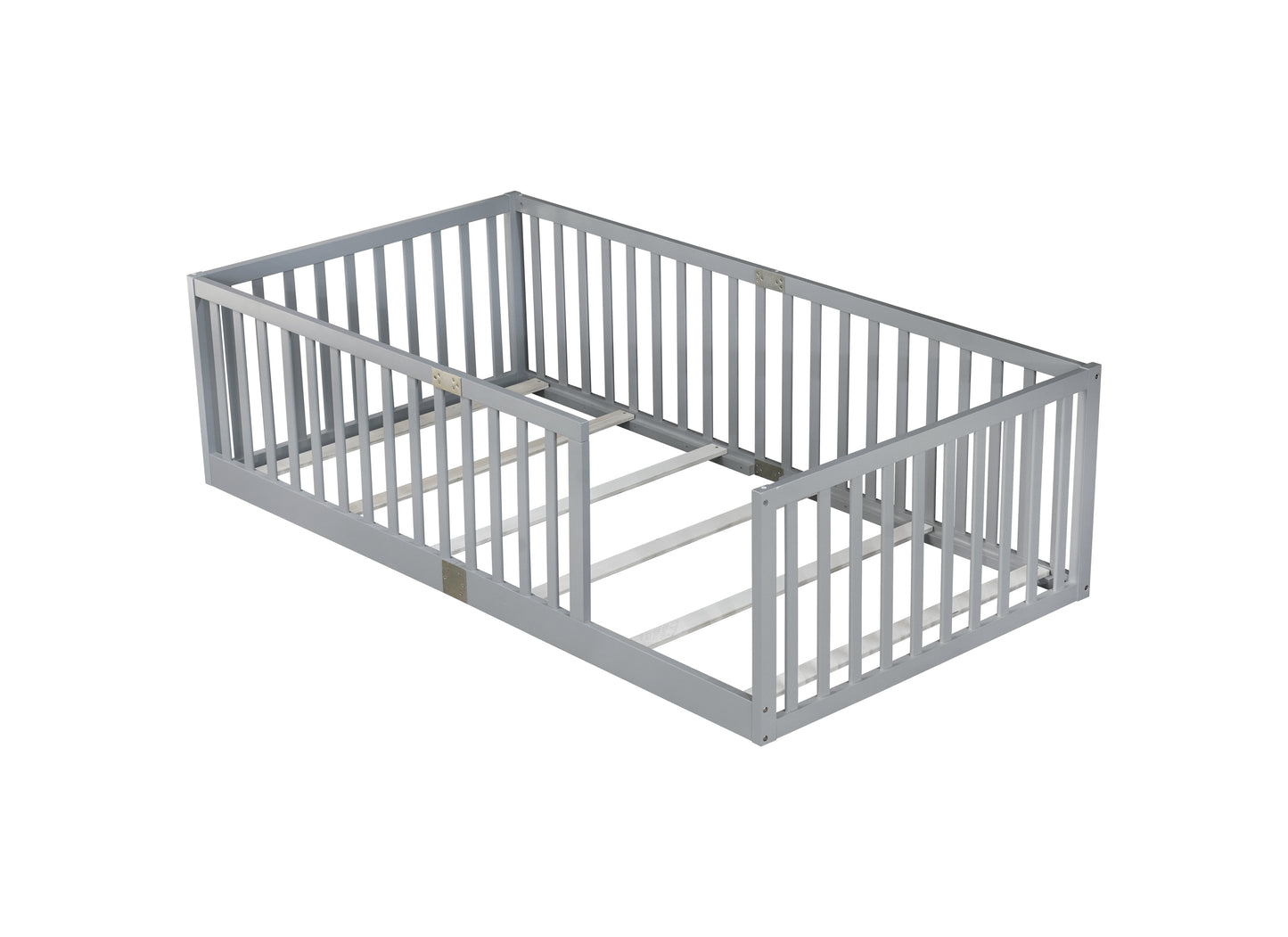 Twin Size Floor Bed with High Fence Railings, 6 Slats Included, Rubber Wood Floor Bed with Safety Guardrails, without Door,Grey image 9