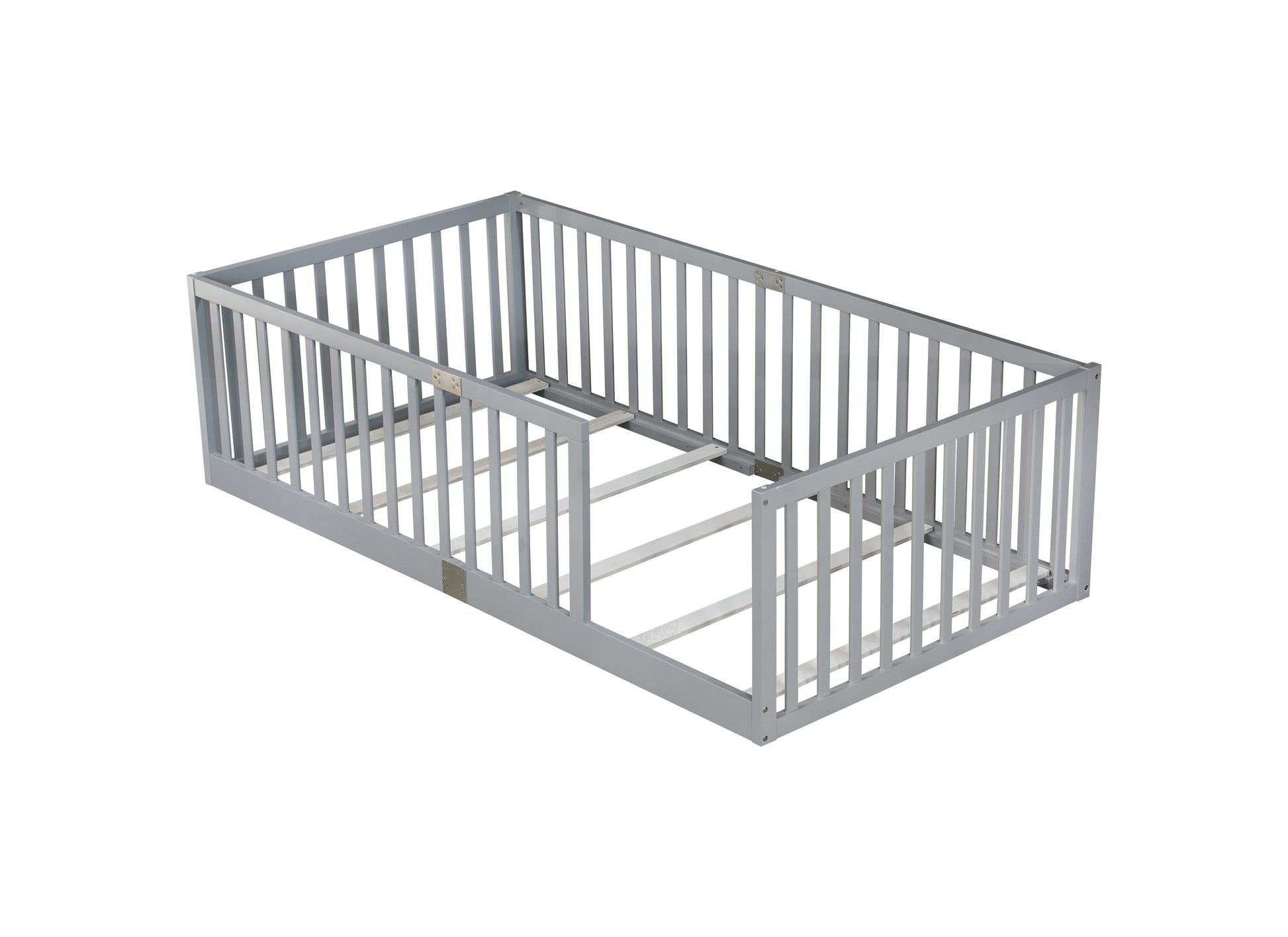 Twin Size Floor Bed with High Fence Railings, 6 Slats Included, Rubber Wood Floor Bed with Safety Guardrails, without Door,Grey image 9