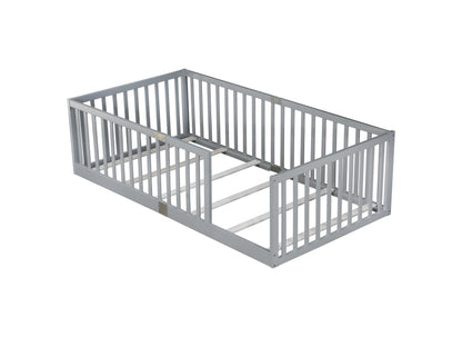 Twin Size Floor Bed with High Fence Railings, 6 Slats Included, Rubber Wood Floor Bed with Safety Guardrails, without Door,Grey image 9