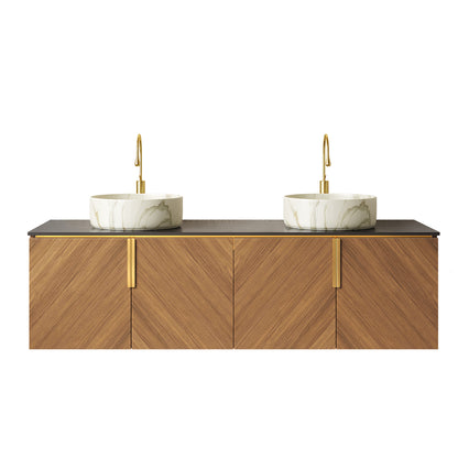 ARAI 60" Bathroom Vanity&Sinks, Floating Plywood Bathroom Storage Cabinet with 4 Doors, 2 White Round Ceramic Basins with Stone Pattern&Black Sintered Stone Countertop, Brown Oak Woodgrain (New SKU) image 2