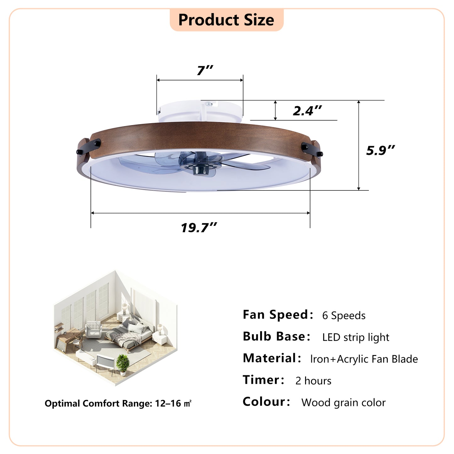 20" Ceiling Fans with Lights Kit (Led) and Remote Control, 3000-6500K Dimmable Modern Flush Mount LED Fan Light, 6 Speeds, Quiet DC Motor For Living room, Bedroom,Kitchen----Walnut+ Black image 6