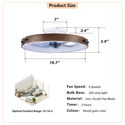 20" Ceiling Fans with Lights Kit (Led) and Remote Control, 3000-6500K Dimmable Modern Flush Mount LED Fan Light, 6 Speeds, Quiet DC Motor For Living room, Bedroom,Kitchen----Walnut+ Black image 6