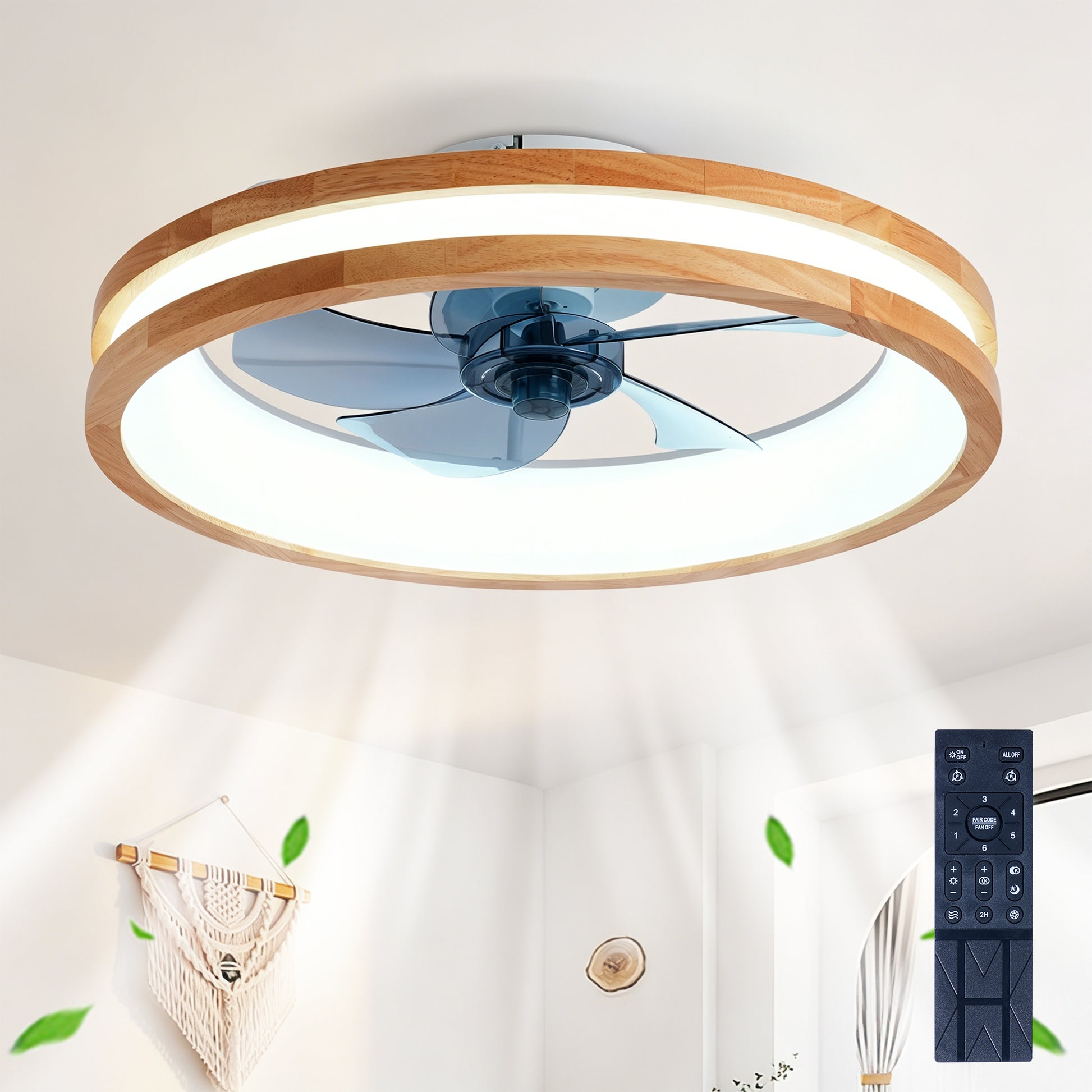 Ceiling Fans with Kit,LED Light Source and Remote Control, 3000-6500K Dimmable Modern Flush Mount LED Fan Light, 6 Speeds, Quiet DC Motor For Living room, Bedroom,Kitchen----Natural Wood + White image 7