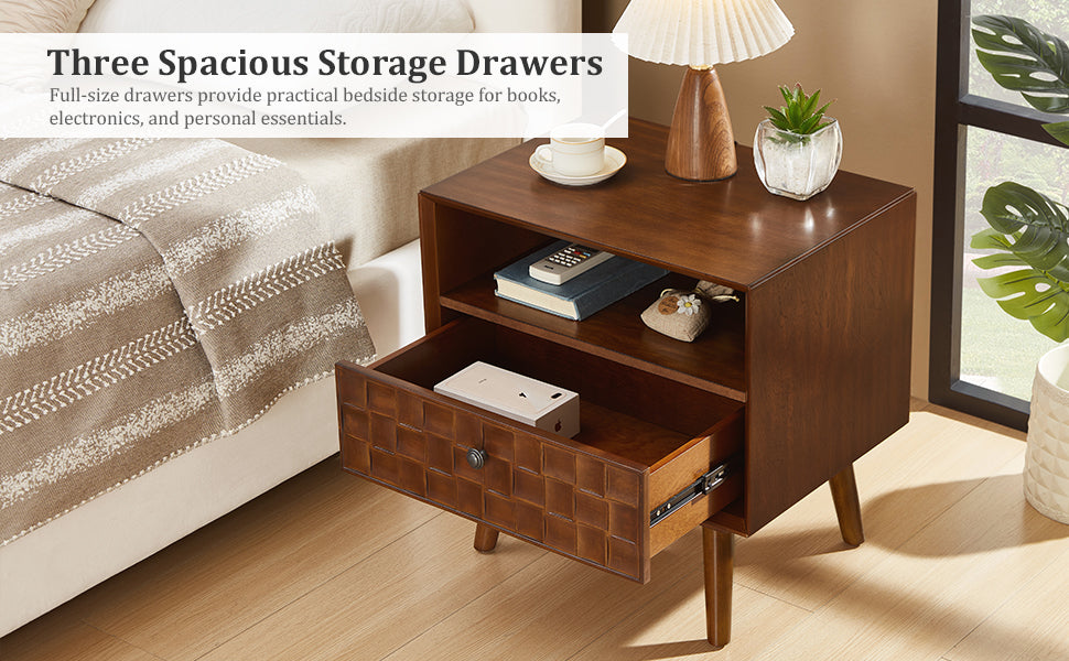 22" Mid-Century Modern Wood Nightstand with Carved Geometric Drawer Front, 1 Drawer and Open Shelf, Solid Wood Legs, Bedside Table for Bedroom image 7