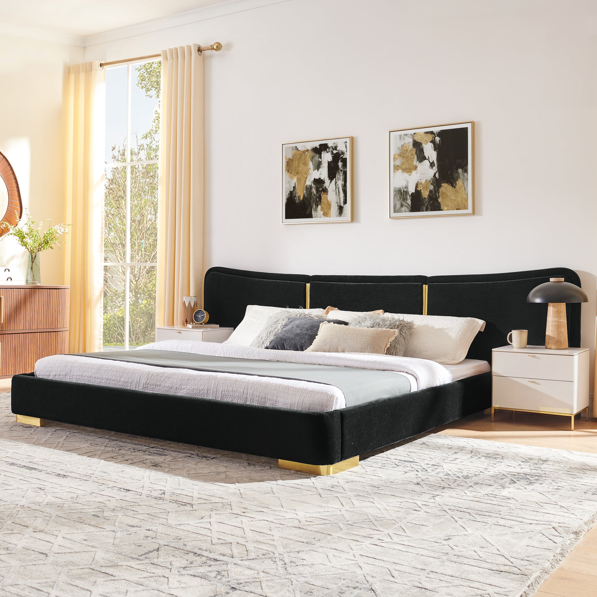 King Size Extra Large Platform Bed, Soft Chenille Fabric Frame, Curved Headboard, Reinforced Electroplated Metal Legs, Flexible DIY Side Space Design-Black image 2