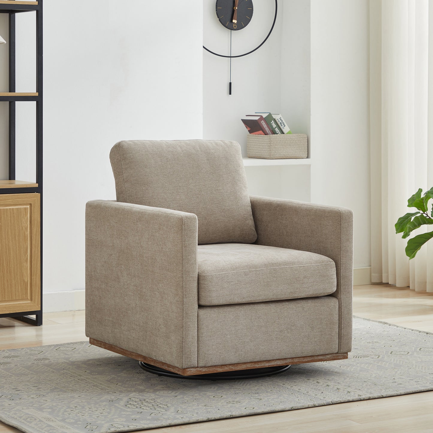 30.7"W Square Upholstered 360° Swivel Accent Chair and Comfy Single Sofa Chair with a Weathered Finished Wooden Base, Club Lounge Reading Armchair for Living Room Bedroom Apartment Nursery. Taupe image 1