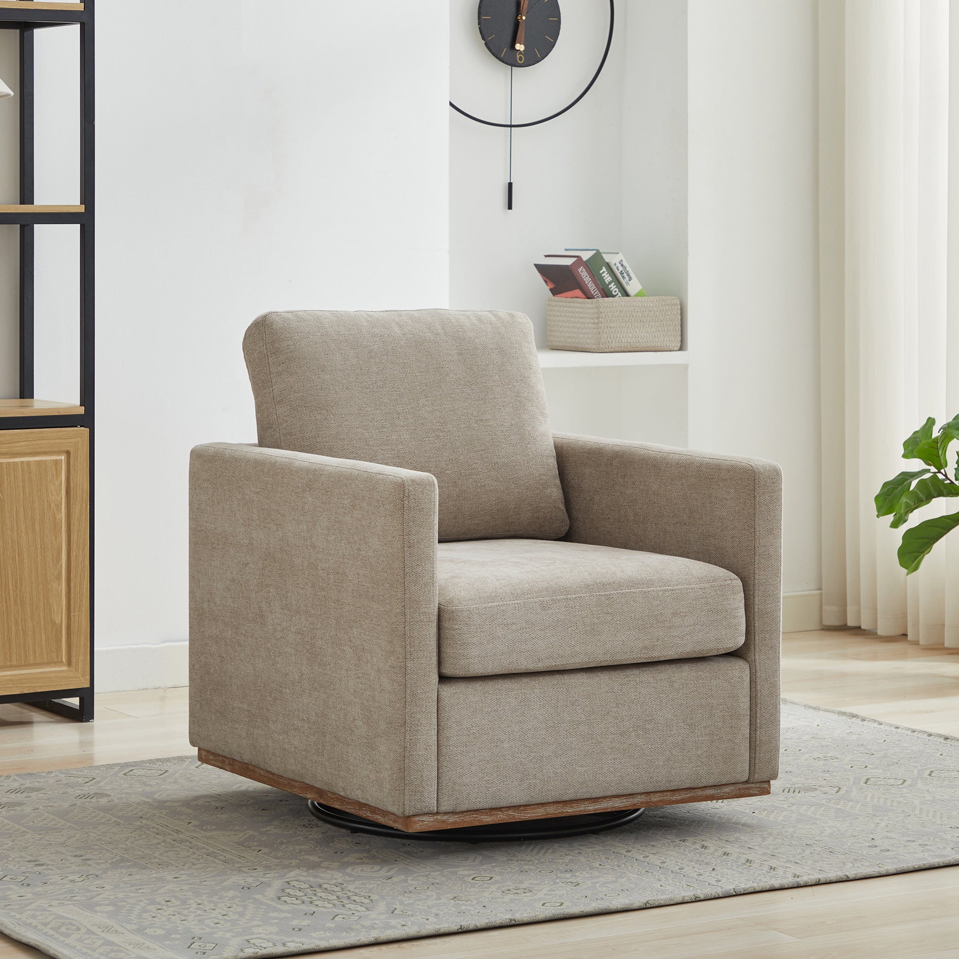30.7"W Square Upholstered 360° Swivel Accent Chair and Comfy Single Sofa Chair with a Weathered Finished Wooden Base, Club Lounge Reading Armchair for Living Room Bedroom Apartment Nursery. Taupe image 1