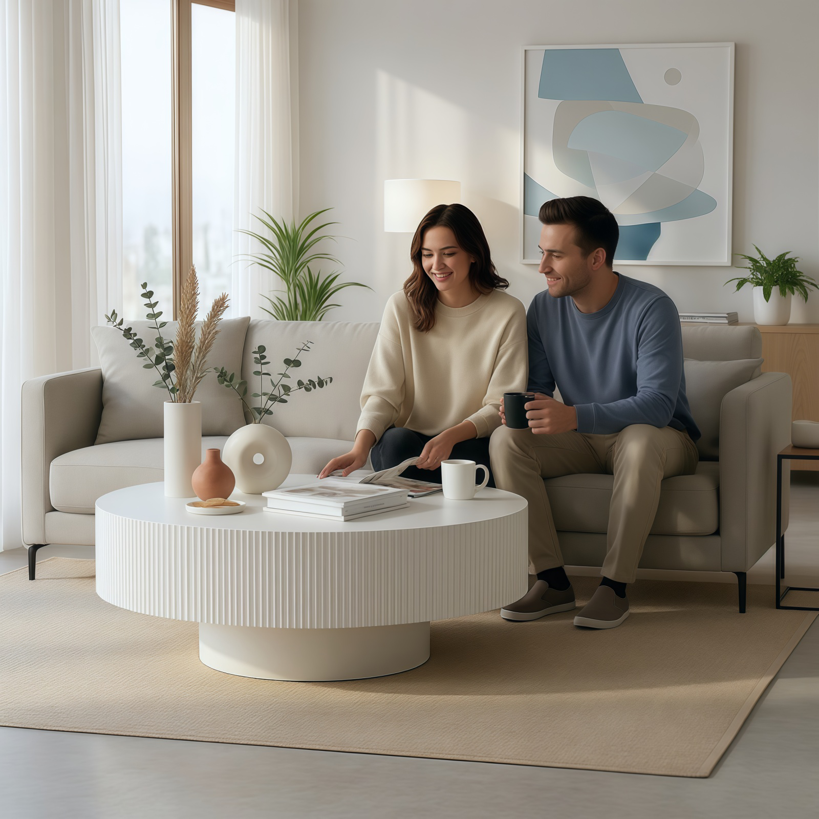 Round Coffee Table, Fluted Coffee Table with Sturdy Pedestal, Mid Century Modern Coffee Table for Living Room, Bedroom, Terrace, Office, Small Space (White Round Thick) image 3