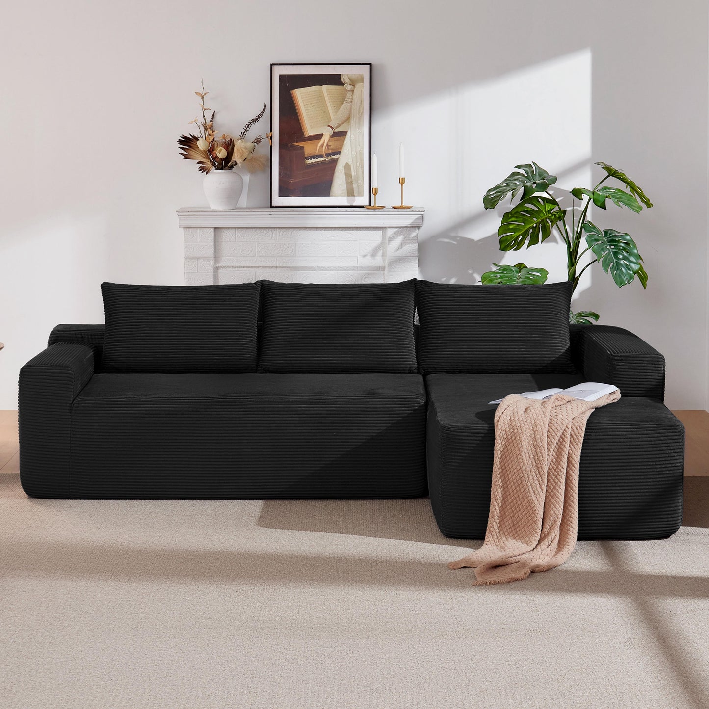 104" Cloud Sectional Sofa with L-Shape Chaise and Side Pockets, Modern Modular Design, with side pockets, Upholstered Couch for Living Room/Bedroom, No Assembly Required (CorduroyFabric),Black, Right image 3