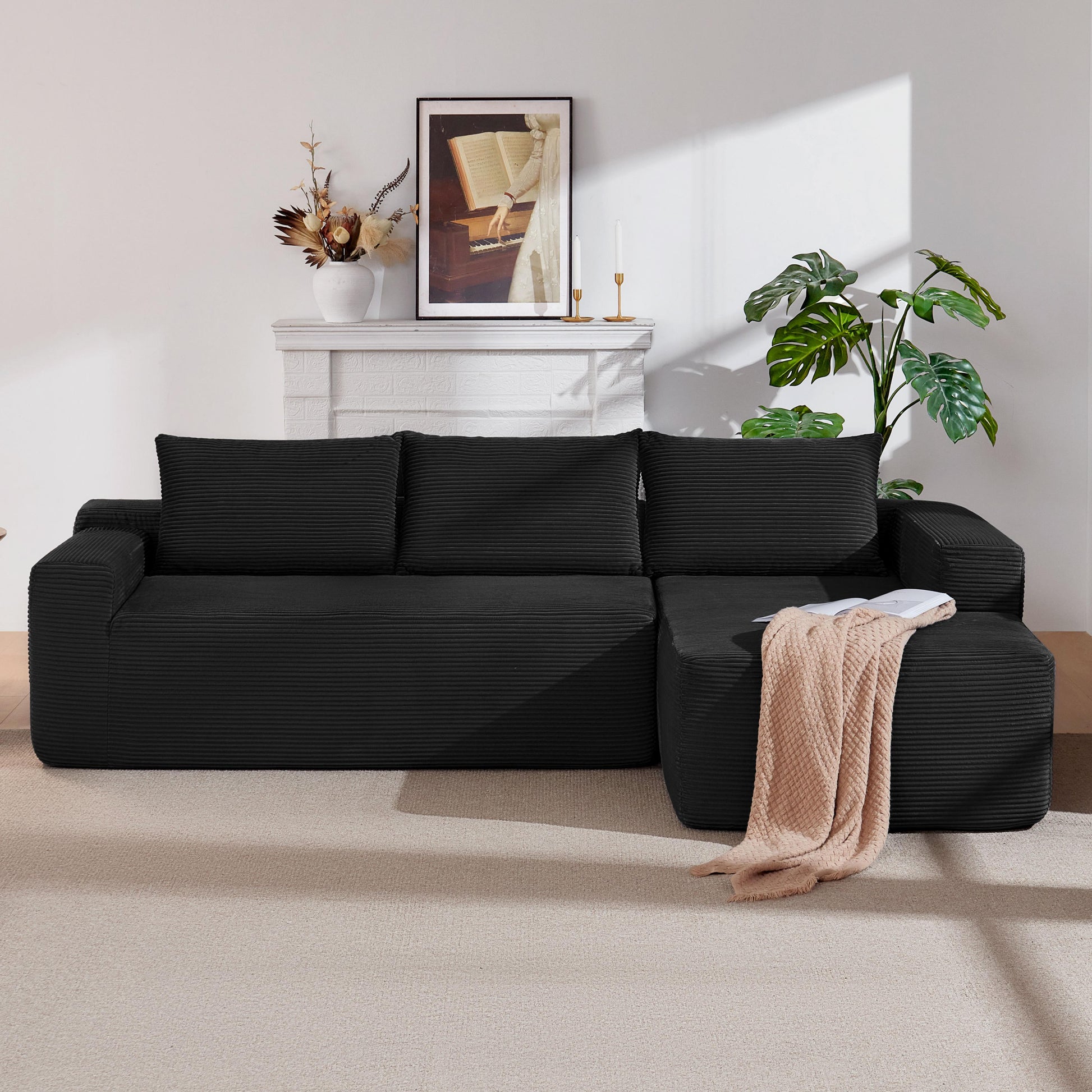 104" Cloud Sectional Sofa with L-Shape Chaise and Side Pockets, Modern Modular Design, with side pockets, Upholstered Couch for Living Room/Bedroom, No Assembly Required (CorduroyFabric),Black, Right image 3