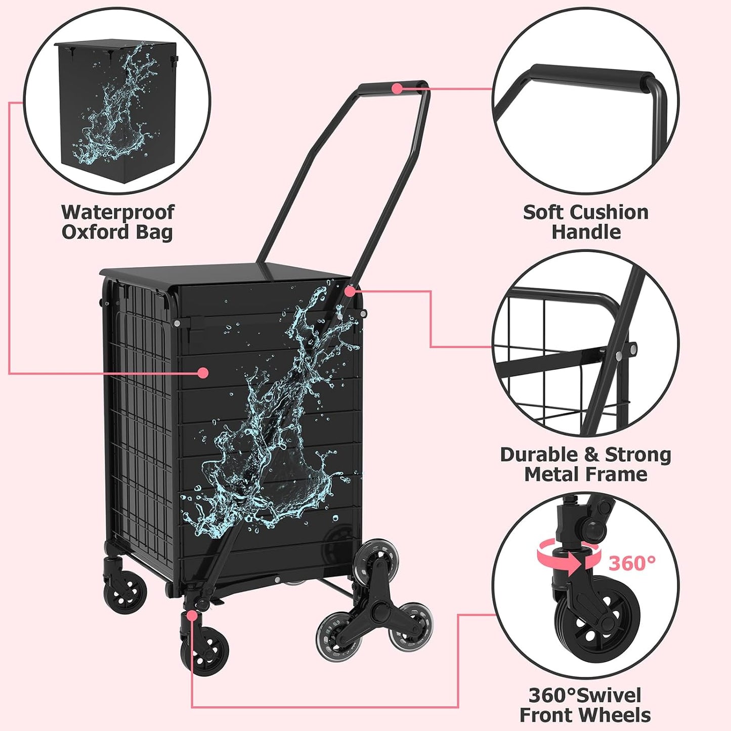 Shopping Cart to Go Upstairs,Shopping Cart on Wheels, Foldable Utility Shopping Carts with 360° Rolling Swivel Wheels for Groceries Laundry image 12