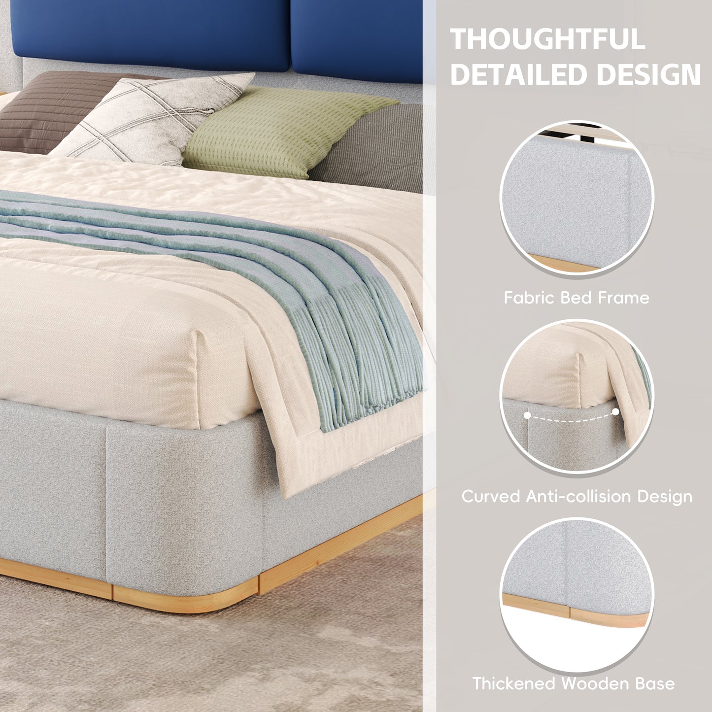 Queen Size Upholstered Platform Bed with Panel, Platform Bed Frame with Anti-Collision Soft Rounded Corners, Stable and Solid, No Box Spring Needed, Easy Assembly, Grey image 5