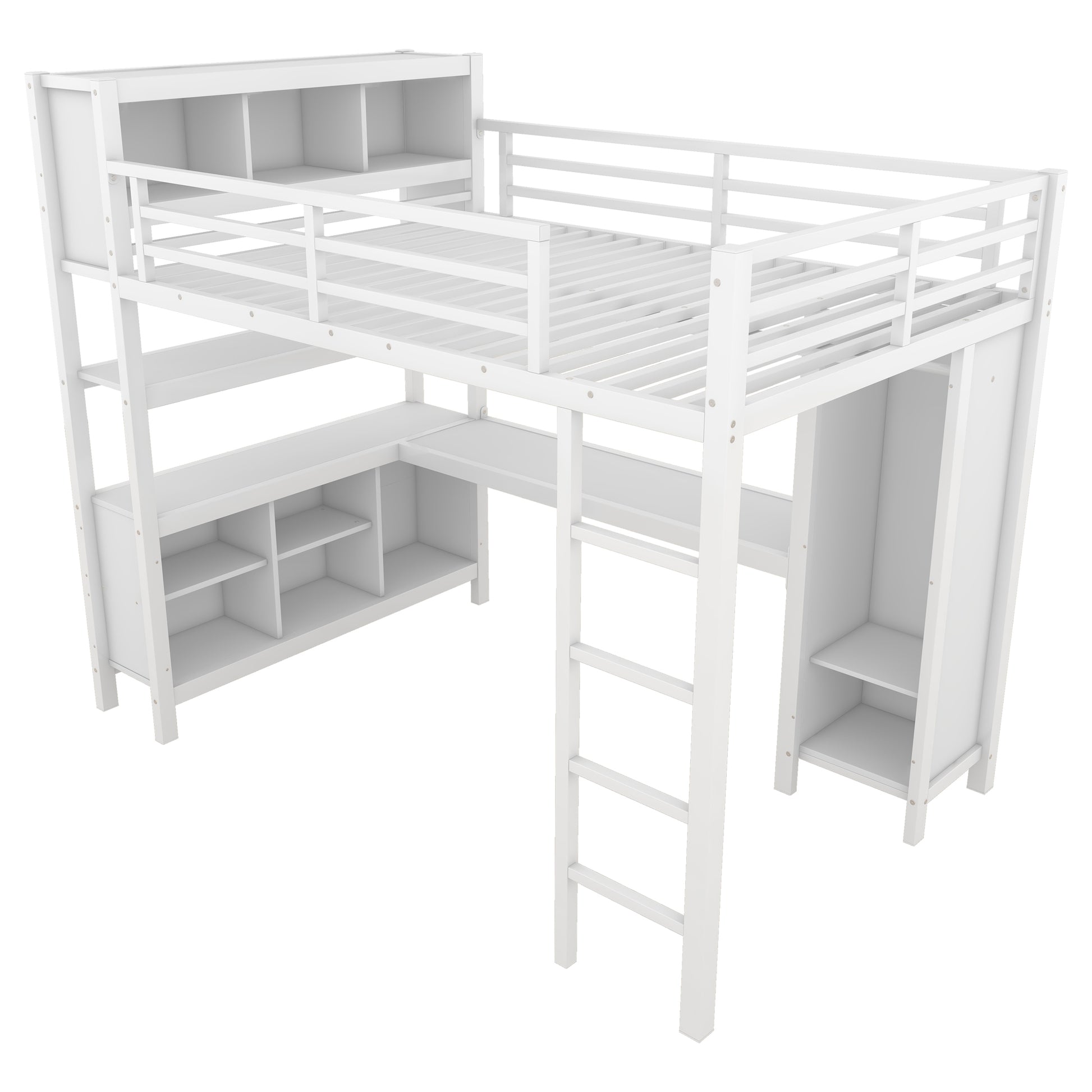 Metal Loft Bed with Wardrobe And L-shaped Desk, Full Size Loft Bed with Storage Cubes and Shelves, Heavy Duty Loft Bed for Kids Teens Adults, White image 5