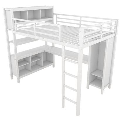 Metal Loft Bed with Wardrobe And L-shaped Desk, Full Size Loft Bed with Storage Cubes and Shelves, Heavy Duty Loft Bed for Kids Teens Adults, White image 5