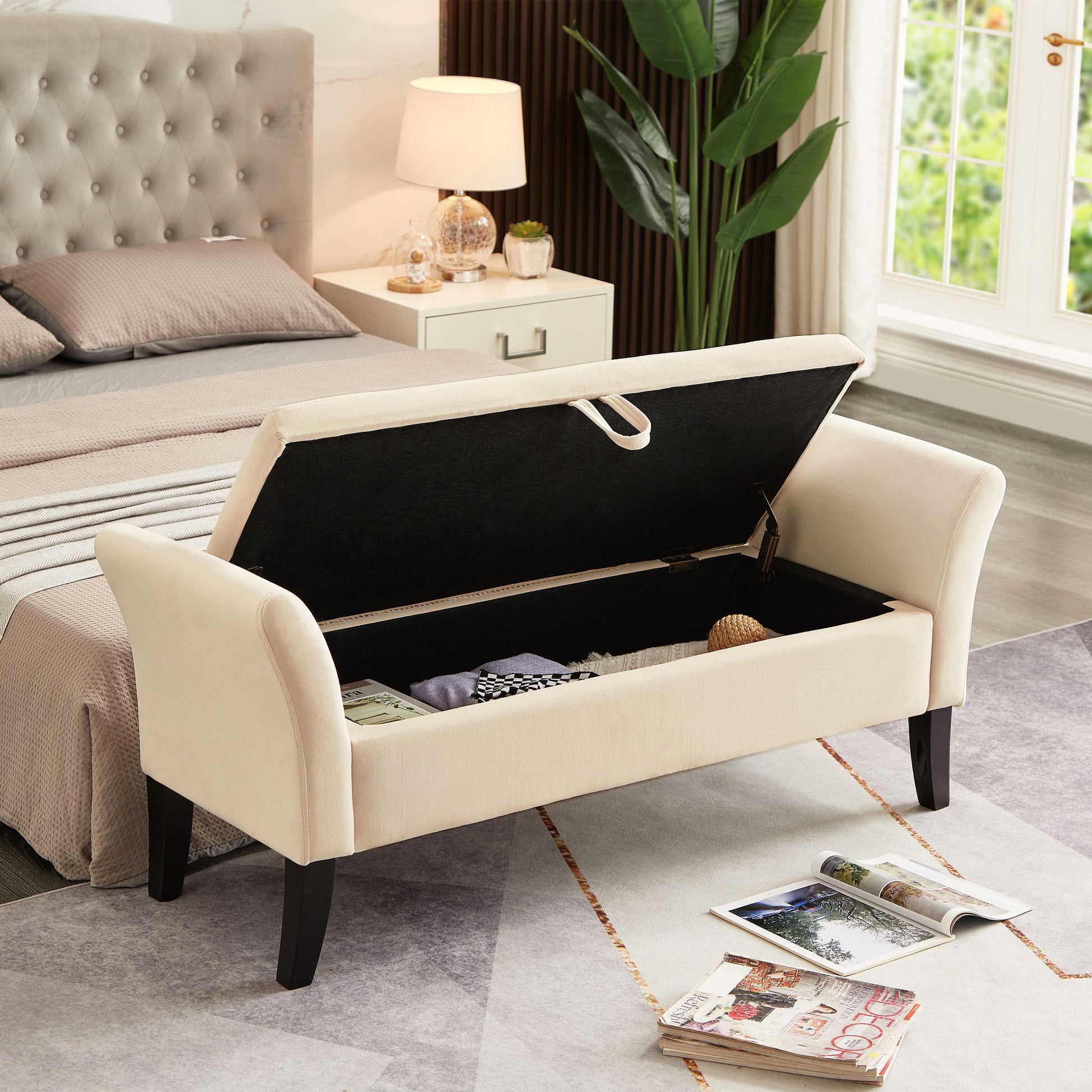 Bed bench with hidden storage compartment open showing interior