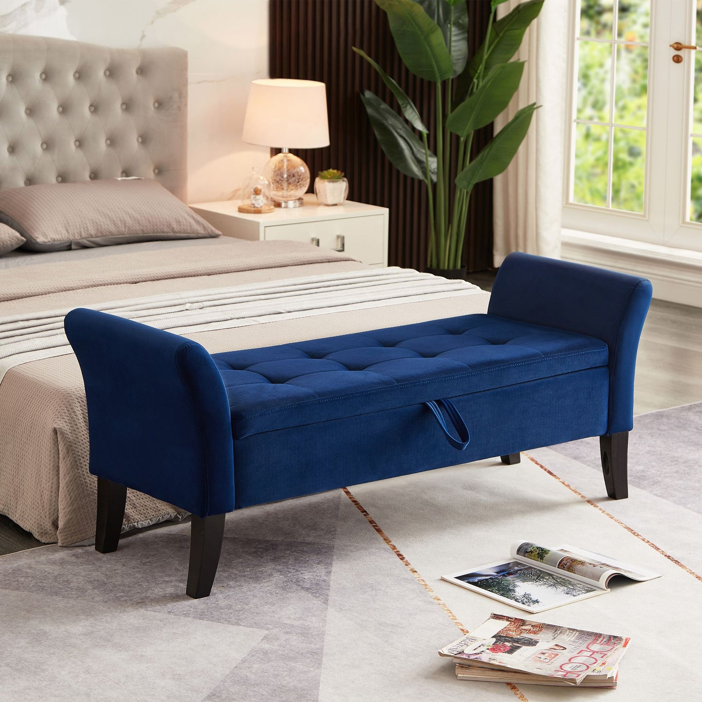 51.5 inch navy blue velvet storage bench with tufted design and curved arms - front view