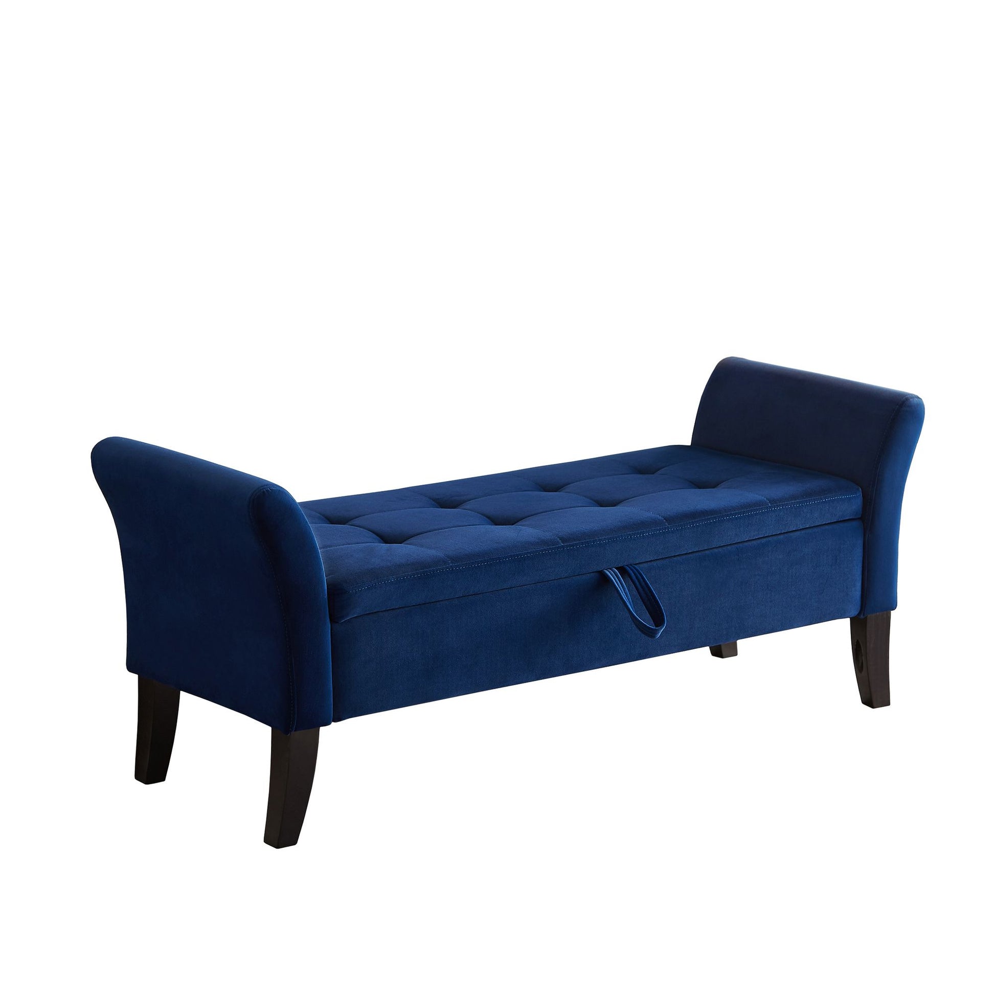 Navy blue velvet bench used as ottoman in living room